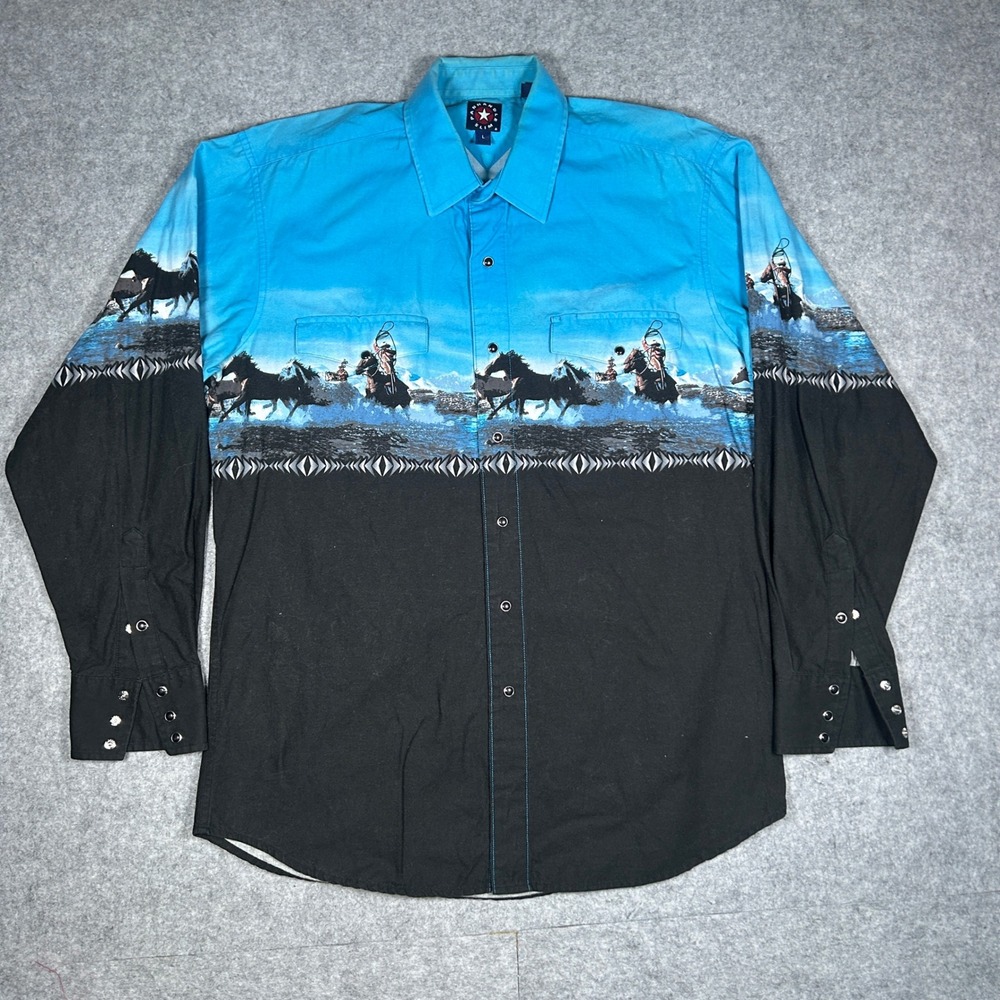 Panhandle Slim Western Shirt Men Large Blue Horse Graphic Pearl Snap Cowboy